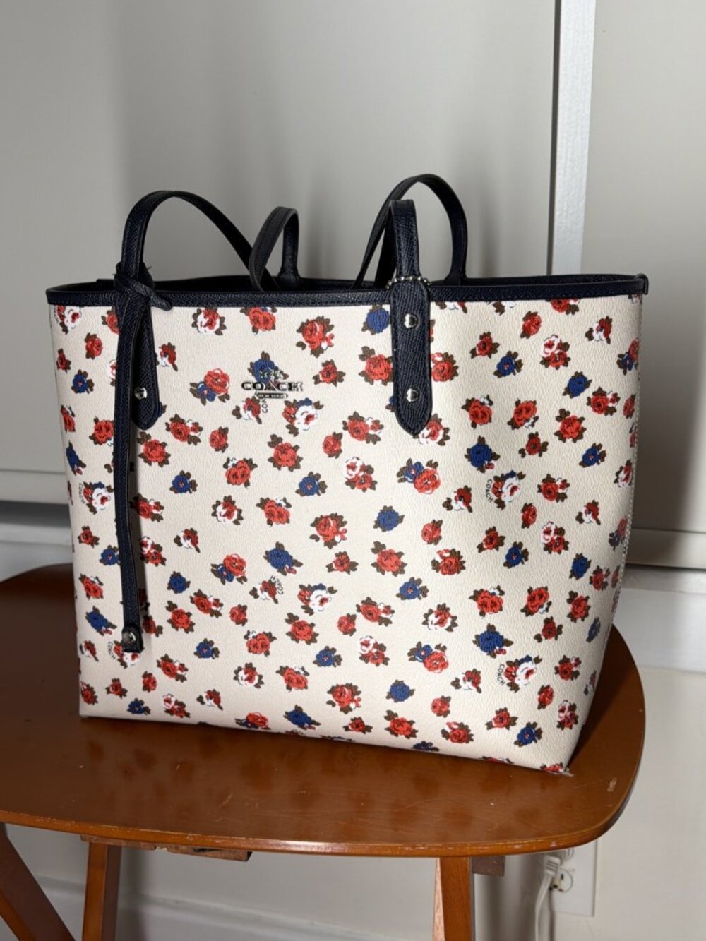 Coach Floral Reversible City Tote Navy Pebbled Leather Bag